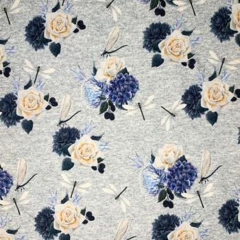 Jersey Rosen und Dahlien mit Libelle grau blau crem