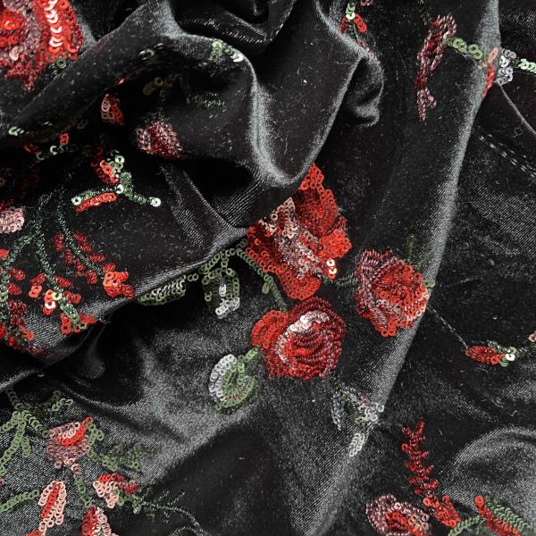 Samt schwarz mit Pailletten bestickt Blumenmuster Rosen