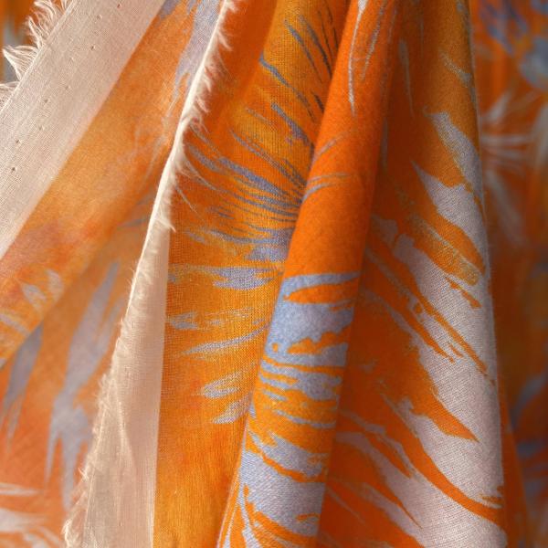 Hilco Baumwollstoff Voile Farlan - Palmenblätter blau/hellgrau/orange