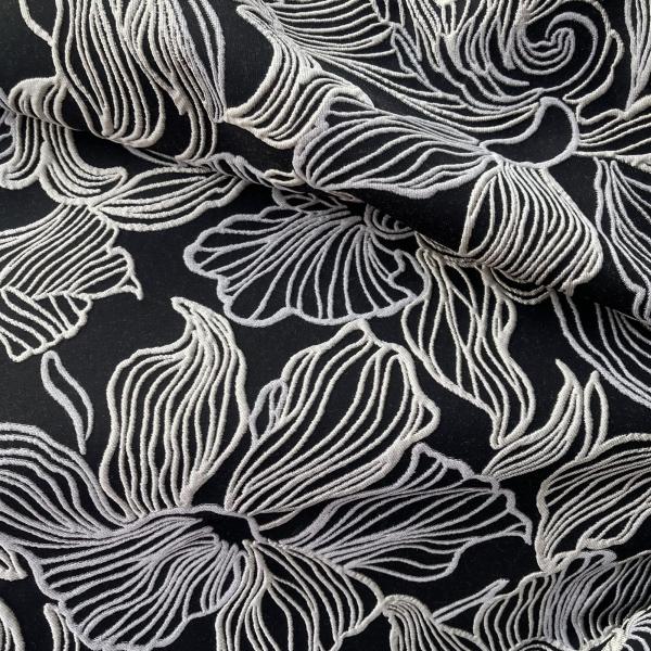 Italienischer Designerjacquard abstraktes Blütenmuster schwarz silbergrau